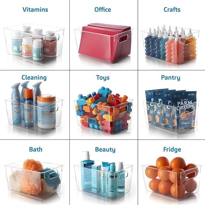 Clear Plastic Storage Bins – 4 Large Containers for Kitchen Organization or Pantry Organization and Storage, Fridge Organizer Plastic Bins, Pantry Organization and Storage Bins, Cabinet Organizers