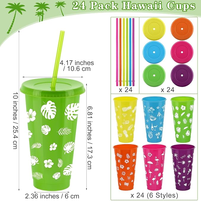 Kochorie 24 oz Hawaiian Luau Tumbler Cups with Straw and Lid - 6 Design Reusable Plastic Travel Mug Cup for Luau, Tiki Party Favors