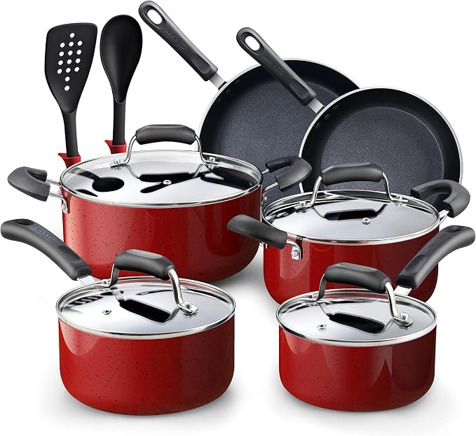 Cook N Home Professional Pots and Pans Nonstick Cookware Set, Kitchen Cooking Set with Frying Pans and Saucepans, Induction Compatible, 12-Piece, Red