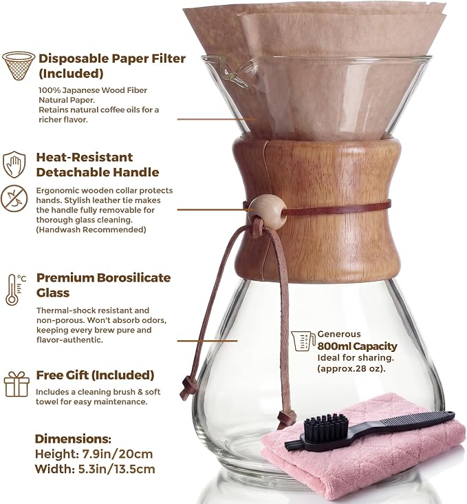AGOGO Pour Over Coffee Maker Glass with 50pcs Paper Filters -for Home, Office, Camping, Cafes - Easy Clean Coffee Dripper Set (Soft Towel&Brush)(28oz Slim Shape w/Paper Filters)