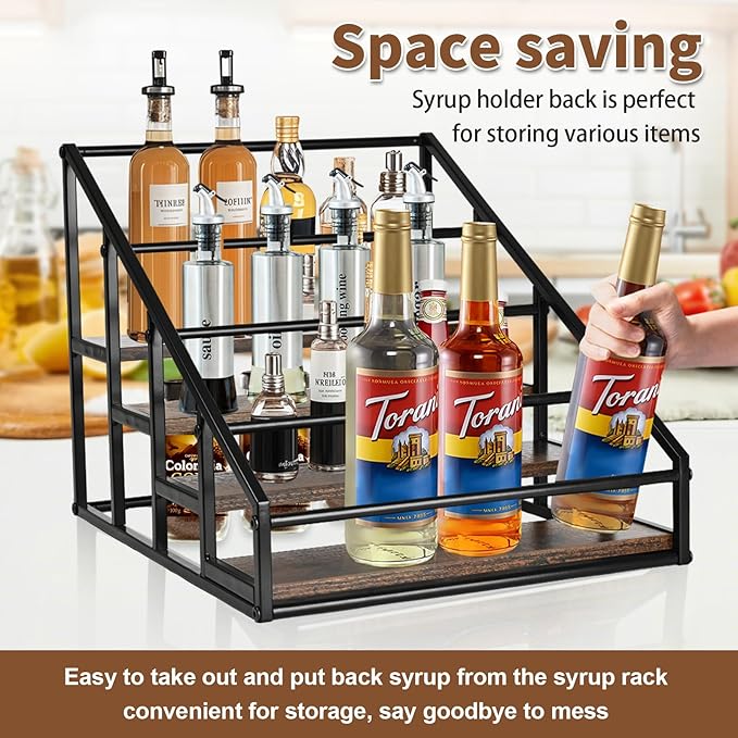 YQBRAO Coffee Syrup Rack Organizer,Liquor Bottle Display Shelf,Water cup display stand,Spice Rack Kitchen Cabinet Organizer,Rustic Brown,2 Packs 4 Tier 16 Bottle Coffee Syrup Holder