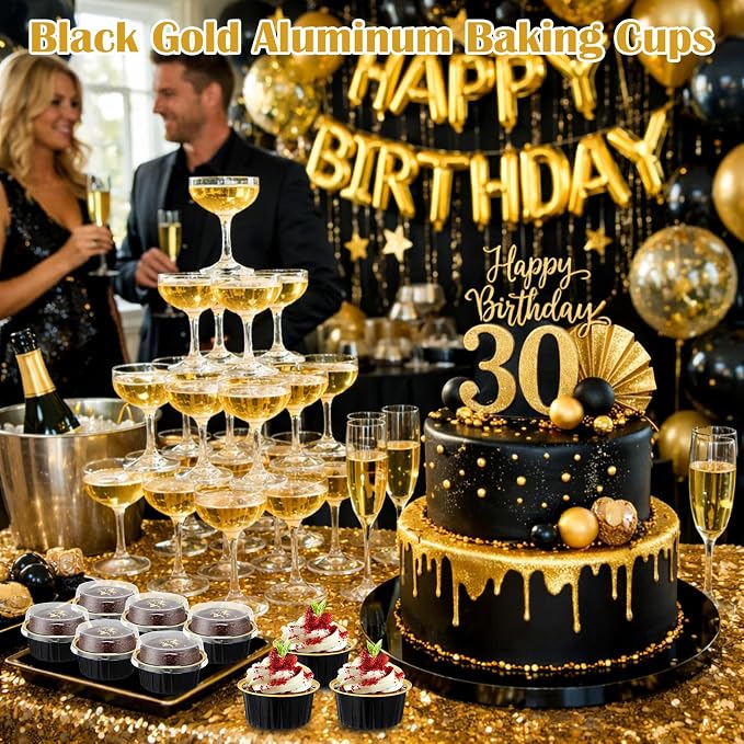 Gejoy 600 Pcs Aluminum Foil Baking Cups with Lids 5 oz Disposable Ramekins Mini Cake Pans Creme Brulee Cupcake Liners Muffin Dessert Container for Wedding Birthday Party (Classic,Black and Gold)
