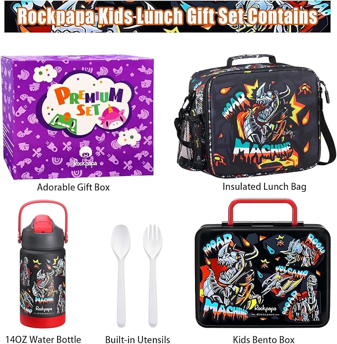 rockpapa Kids Lunch Box Set with 14oz Insulated Water Bottle & Lunch Bag, Leakproof 5.5 Cups Bento Box for School & Children, BPA-Free, Microwave Safe for Boys Girls (Black Dinosaur)