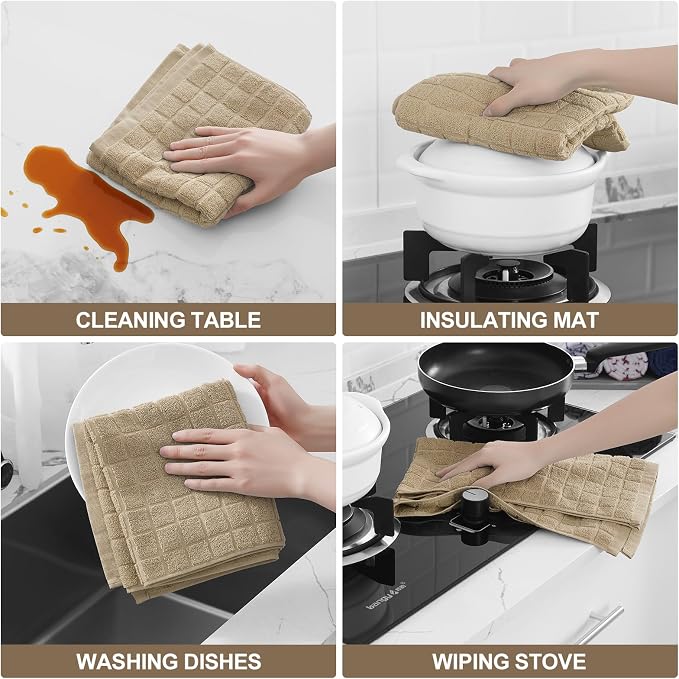 Homaxy Premium Cotton Kitchen Towels 16"x 28", Large Natural Ring Spun 390 GSM Dish Towels, Super Absorbent Terry Kitchen Hand Towels, Soft Tea Towels with Hanging Loop, Pure Tan Check Design, 4 Pack