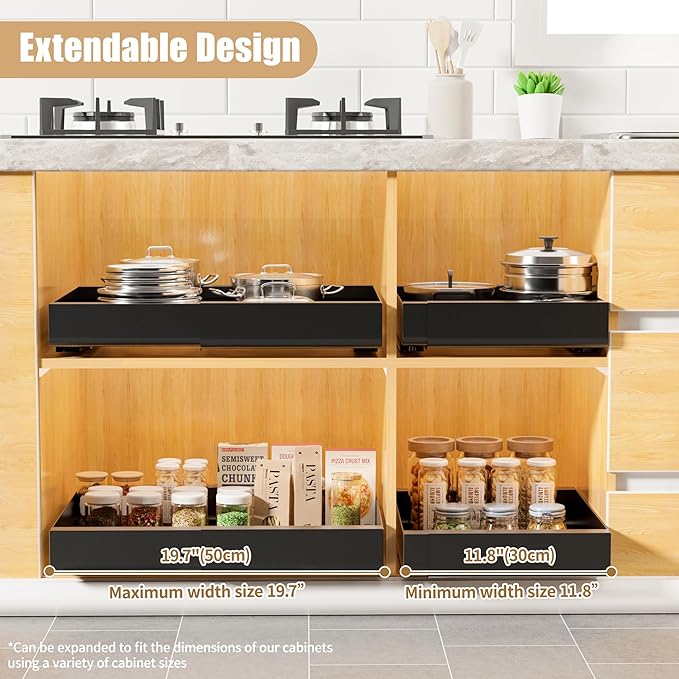 Pull Out Cabinet Organizer, Width Expandable (11.7"-19.7") Heavy Duty Slide Out Drawers Fixed with Adhesive Nano Film for Pots, Roll Out Shelf Storage For Kitchen,Pantry,Garage,Bathroom Storage