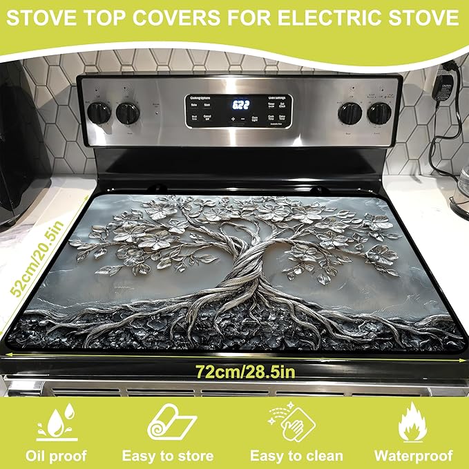 Glass stove top cover 28"x 20", Stove Top Covers for Electric Stove, Flat Range Mat for Glass Cooktop, Kitchen Heat-Resistant Protector Non-Slip Drying Mat (Silver Tree of Life)
