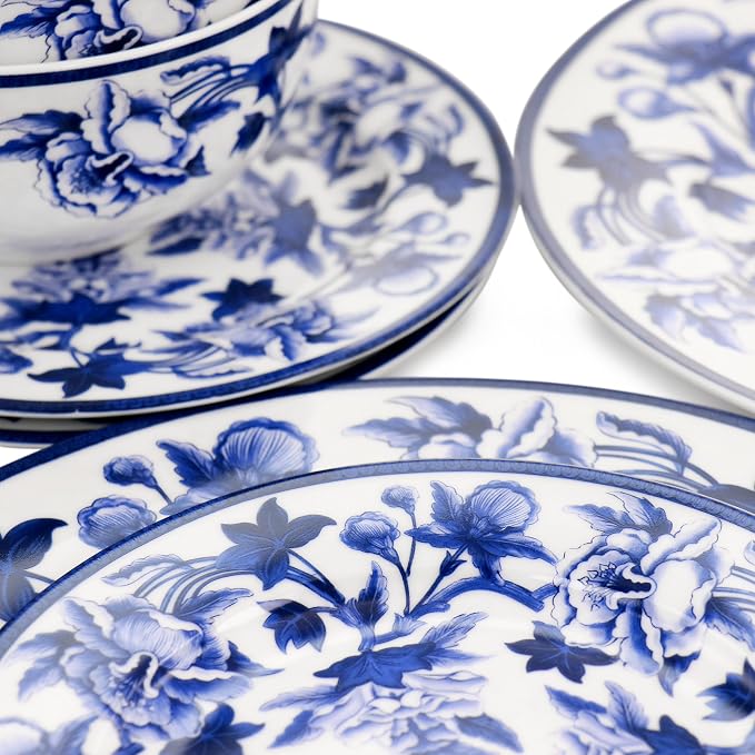 Elama Cattleya Orchid Design 16 Piece Round Porcelain Dinnerware Set in Blue and White, Tableware Set, Service for 4