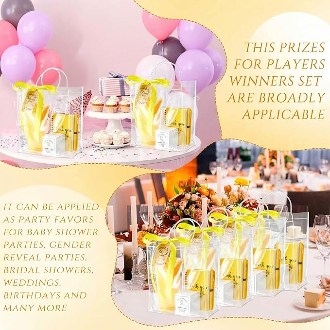 Nuogo 6 Sets New Parent Shower Prizes for Player Winners Adult, Wedding Bridal Shower Gift, Plastic Tumbler Notebook Scented Candle Ballpoint Pen Bag (Yellow Color,Classic Style)