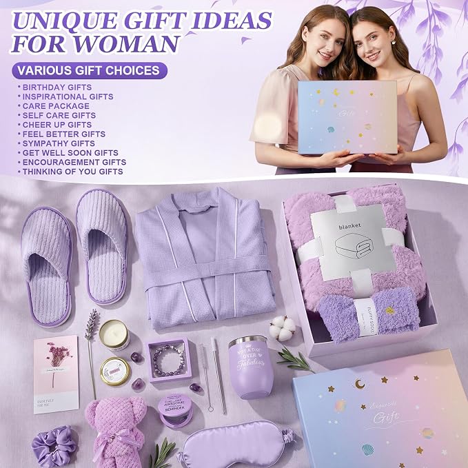 Sieral 14 Pcs Birthday Gifts for Women Care Blanket Gifts Set Spa Baskets Get Well Soon Gift Baskets for Women Mom Her Girlfriend Sister Daughter Friend Wife Grandma(Piped,Purple)