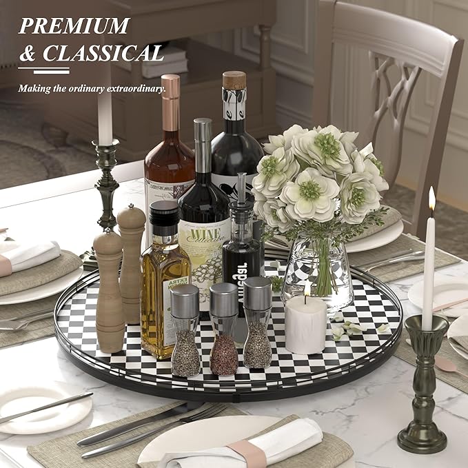 21" Black and White Kitchen Lazy Susan Turntable, Round Checkered Decorative Tray, Large Lazy Susan for Dining Table Centerpiece, Pantry, Kitchen, Bathroom, Countertop, Cupboard, Home Decor