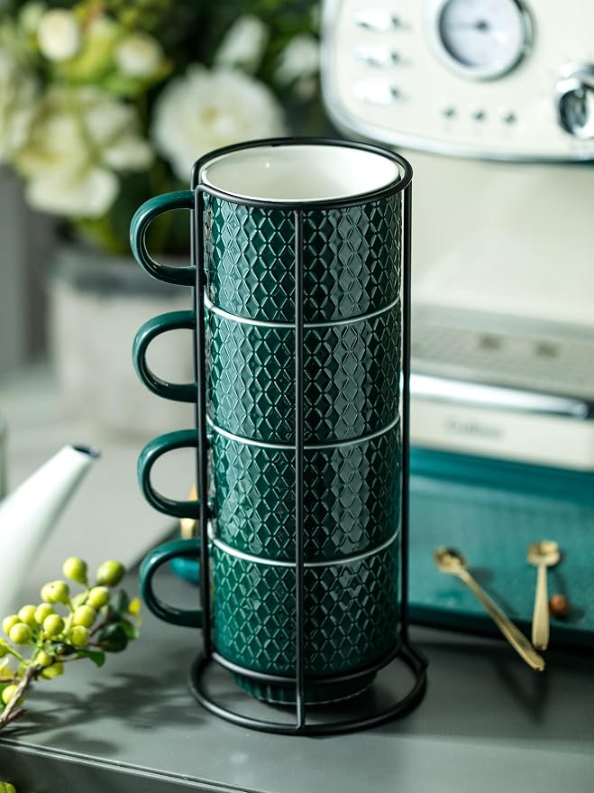 LYEOBOH Coffee Mug Set Porcelain Stackable Coffee Mugs with Stand and Spoons, 13 OZ. Cappuccino Cup Demitasse Cups for Drinks, Espresso, Latte,Set of 4, Dark Green