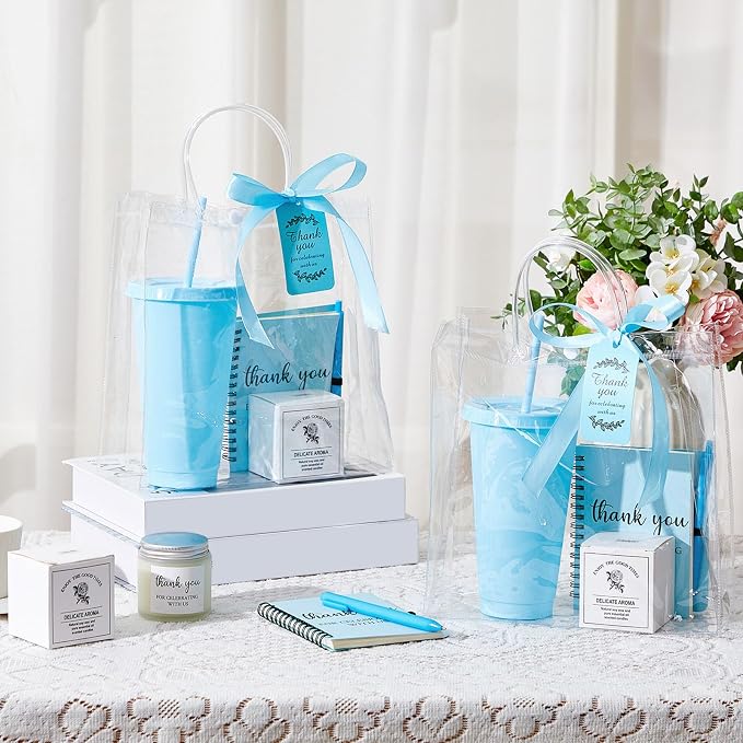 Nuogo 12 Sets New Parent Shower Prizes for Player Winners Adult, Wedding Bridal Shower Gift, Plastic Tumbler Notebook Scented Candle Ballpoint Pen Bag (Blue Color,Classic Style)