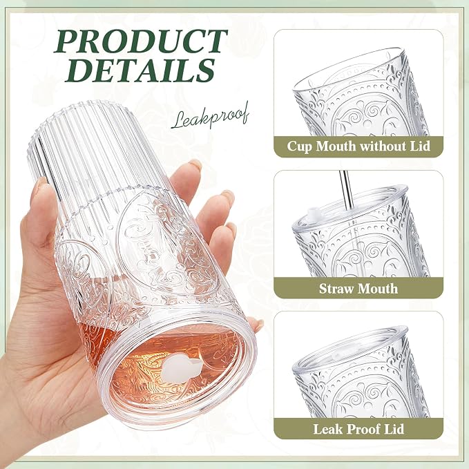 16 Set 20oz Vintage Plastic Tumbler with Lids and Straws Ribbed Floral Drinking Glasses Reusable Iced Coffee Cups for Water Juice Smoothie Cocktail Travel Party Events Gift (Clear)