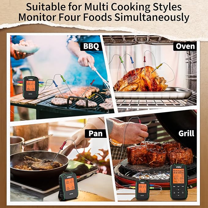 YIOU Wireless Meat Thermometer for Cooking, Digital Meat Thermometer with 4 Probes, 500FT Ultra Accurate & Fast Food Thermometer for Oven, Smoker, Green