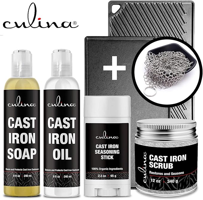 Culina Cast Iron Seasoning Stick & Soap & Oil Conditioner & Restoring Scrub & Stainless Scrubber | All Natural Ingredients | Best for Cleaning, Non-stick Cooking & Restoring | Cast Iron Cookware