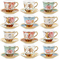 Teenyyou Set of 12 Tea Cups and Saucers Tea Party Decorations Floral Porcelain 5.4 oz British Gift for Women Birthday Party, Church, and Mother's Day (Stylish Style)