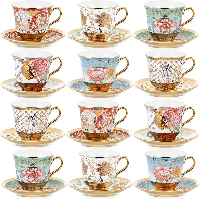 Teenyyou Set of 12 Tea Cups and Saucers Tea Party Decorations Floral Porcelain 5.4 oz British Gift for Women Birthday Party, Church, and Mother's Day (Stylish Style)