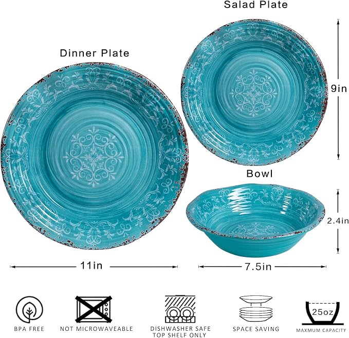 LEHAHA Luxury Thicker but lightweight 100% melamine dinnerware set, set of 4, Unbreakable Farmhouse plates and bowl dishes set, Elegant Scalloped rim dinner serving plate sets. Dishwasher Safe, Teal