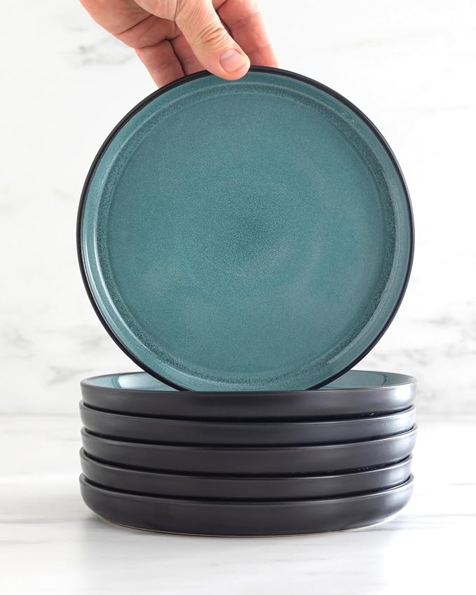 24 Piece Stoneware Dinnerware Set for 8 - Handmade Reactive Glaze Plates and Bowls Set - Chip & Scratch Resistant Dish Set - Dishwasher Microwave Safe - Black and Petrol Blue