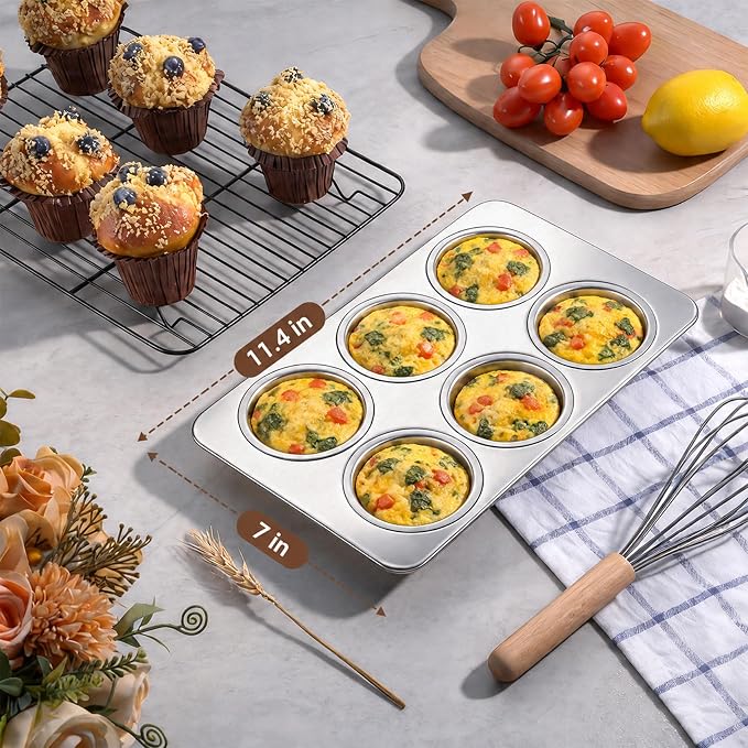 LIANYU 6 Cup Muffin Cupcake Pan, Stainless Steel Muffin Tin Mold for Baking Cup Cake, Brownie, Regular Size Metal Muffin Baking Tray, Oven & Dishwasher Safe