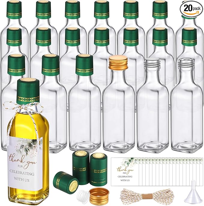 Reallnaive 20 Pack 3 oz Mini Glass Olive Oil Bottles Set, Homemade Wedding Sauce Gift Bottles Leakproof Screw Cap, Thank You Wedding Stickers for Storing Oil Honey Bridal Baby Shower Favors (Green)