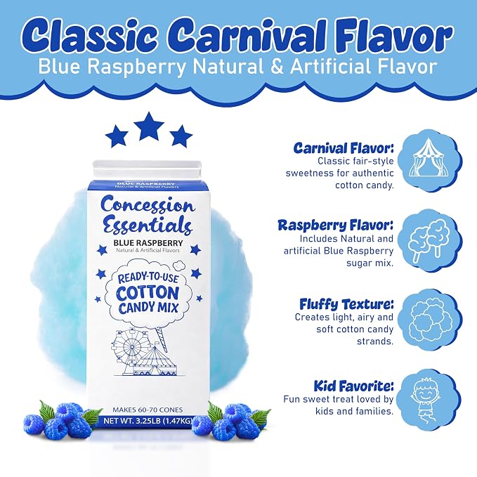 Perfectware -Concession Essentials Blue Raspberry Cotton Candy Mix – Ready-to-Use Floss Sugar for Cotton Candy Machines – Makes 60–70 Cones – 3.25 lb Carton – Carnival Style Cotton Candy Sugar