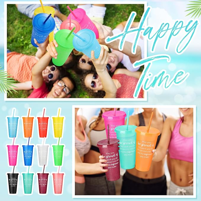 Dandat 48 Pcs Employee Appreciation Gifts Bulk 24 oz Thank You Cups Gift for Nurse Coworker Team Staff Teacher Inspirational Plastic Tumblers with Lids Straws (Neon Color)