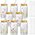 Mumufy 8 Pack Wildflower Glass Cups Gift Aesthetic Cute Glass Cup Tumbler Flower Iced Coffee Mugs 16 oz with Bamboo Lid & Straw, for Wedding Birthday Bridesmaid Mom Baby Shower