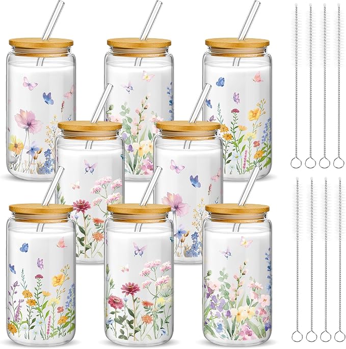 Mumufy 8 Pack Wildflower Glass Cups Gift Aesthetic Cute Glass Cup Tumbler Flower Iced Coffee Mugs 16 oz with Bamboo Lid & Straw, for Wedding Birthday Bridesmaid Mom Baby Shower