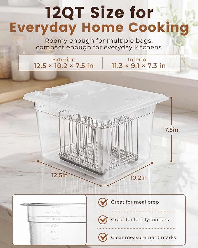 EVERIE Sous Vide Container with Lid and Rack, 12 Quart Sous Vide Container Kit with Universal Collapsible Hinged Lid, Compatible with Anova, Inkbird, Breville, Joule, Wancle and Most Clip-On Sous Vide Cookers