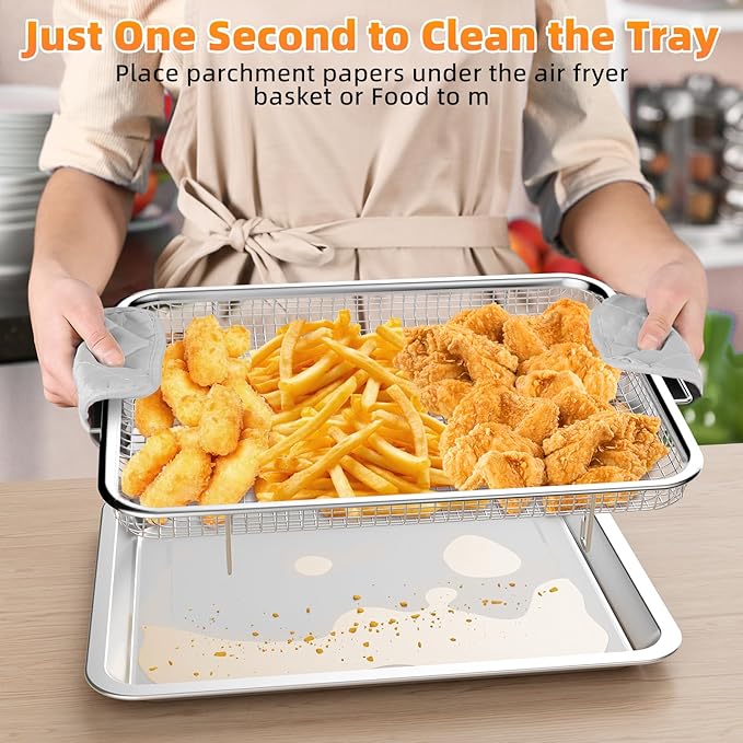 Air Fryer Basket for Oven, 3 Set Stainless Steel Oven Air Fryer Basket and Tray with 90 PCS Parchment Papers,YEPATER Air Fryer Pan and Crisper Tray for Baking Grilling Cooking and Frying