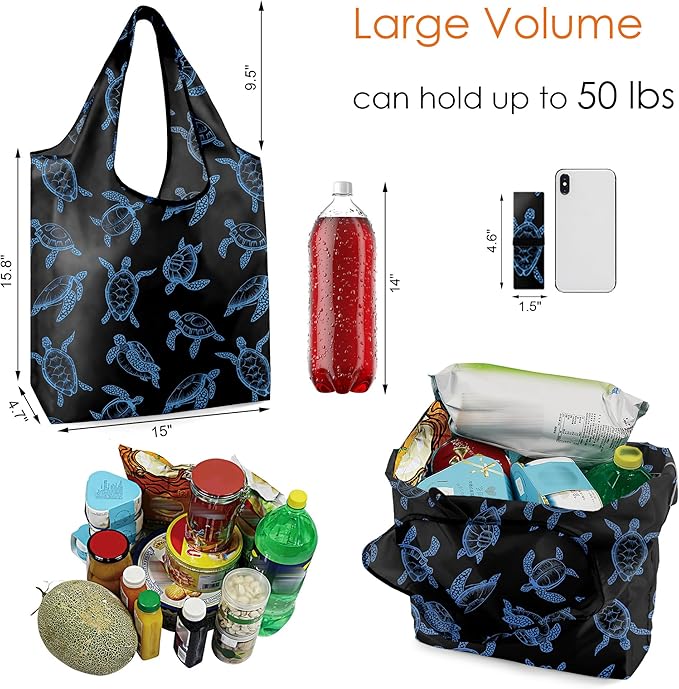 BeeGreen Sea Turtle Lovers Gifts for Women Ocean Animals Reusable Grocery Bags Shopping Bags Bulk 6 Pack 50LBS X-Large Shells Seal Mermaid Scale Whale