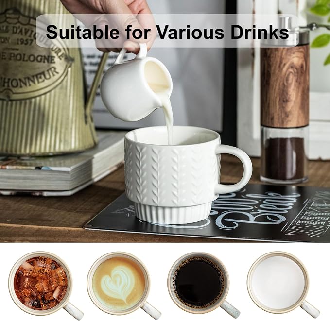 Miamolo Stackable Coffee Mugs Set of 4 with Spoons & Stand | 13oz, Ceramic, for Drinks Espresso Latte Cappuccino Tea, for Housewarming Birthday Gift, Dishwasher Safe, Farmhouse Style