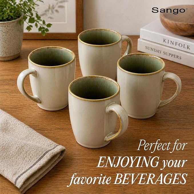 SANGO Resona Moss Stoneware Heat Resistant Coffee Mugs, Microwave and Oven Safe, 12 oz, White, 4 Count