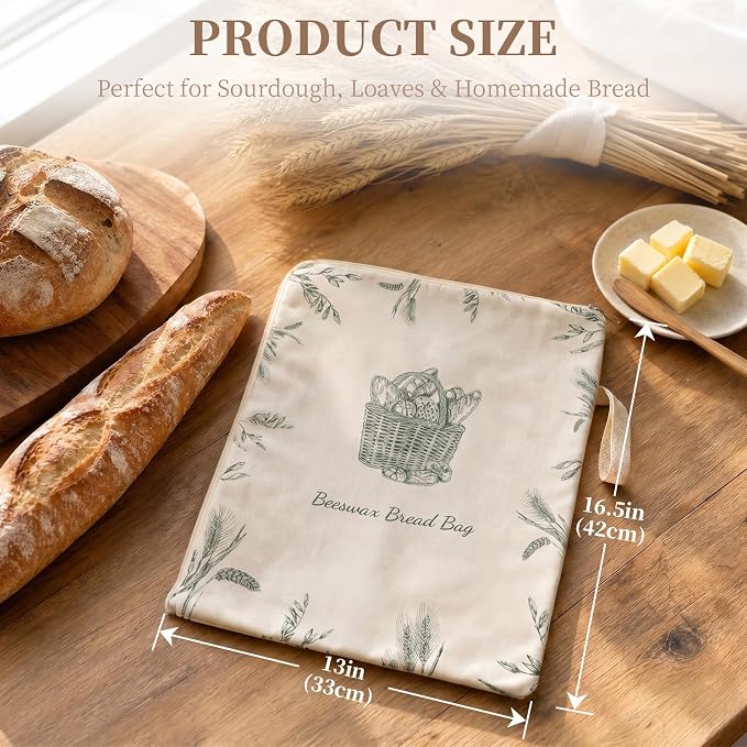 Beeswax Sourdough Bread Bags with Wide Zipper Access, 2 Pack XL 13" x 17" Reusable Linen Cotton Bread Bags for Homemade Bread, Keeps Bread Crusty Outside & Fresh Inside