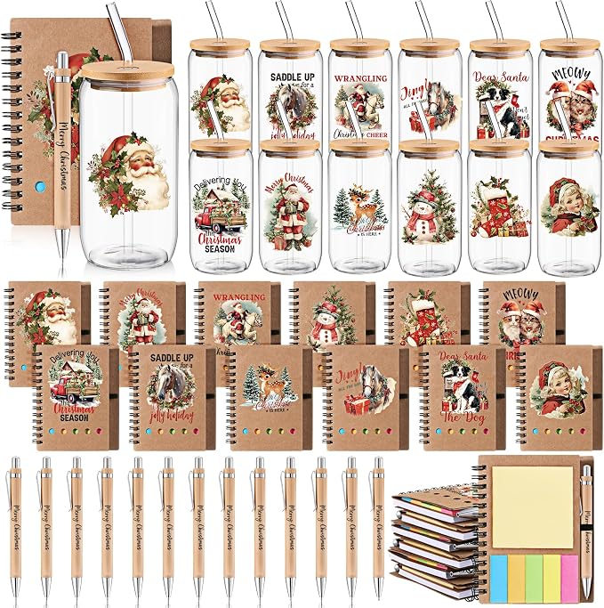 Skylety 12 Set Christmas Gifts Bulk 16 oz Santa Glass Cups with Lids Straws Xmas Notebook Sticky Note Pens for Women Students School Office Holiday Party Favors