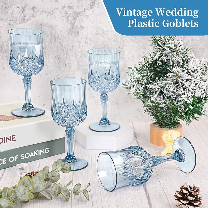 24 Pack Dusty Blue Plastic Wine Glasses, Vintage Plastic Goblets for Parties, Drinking Glasses Unbreakable Glassware Crystal Water Goblets Reusable Drinkware for Wedding Reception Grand Event Party