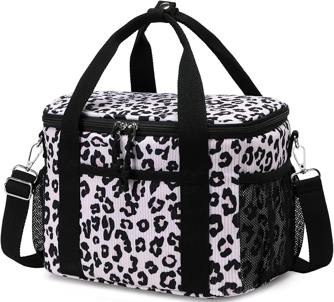 BTOOP Insulated Lunch Box for Women, Cute Corduroy Lunch Bag with Shoulder Strap, Leakproof Wide-Open Lunch Tote for Work, Office, School, Picnic, Pink-Leopard