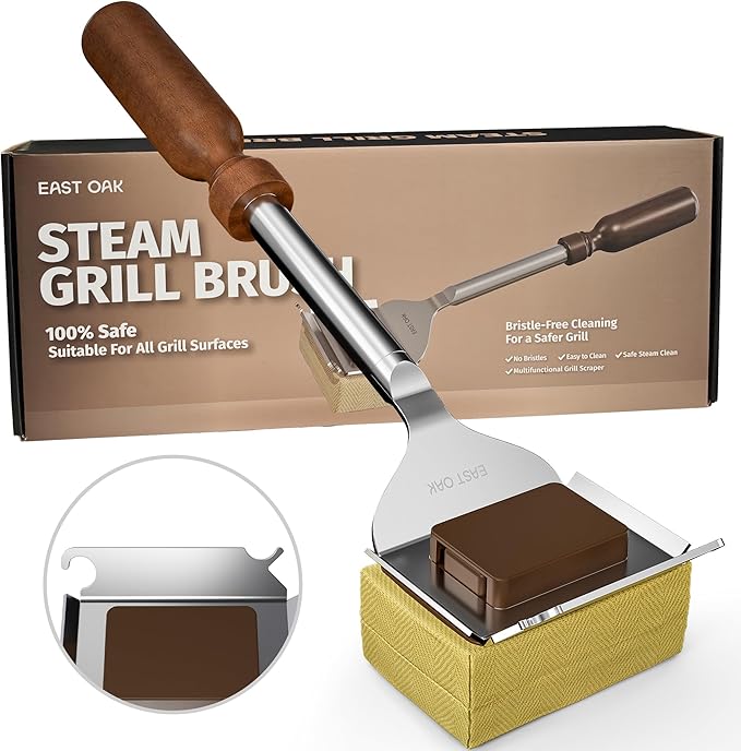 East Oak 16“ Bristle-Free Grill Brush, 2mm Thick Stainless Steel Rod, Heat-Resistant Aramid Sponge Head (900°F), Steam Cleaning Brush with Scraper, Safe for Cast Iron & Stainless Steel Grates