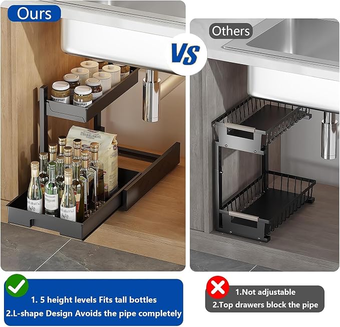 BLULEE 2 Tier Under Sink Organizer, Adjustable Cabinet Storage Rack（2 PACK） | Under the sink organizer for kitchen organization. Heavy duty metal frame clears bathroom vanity pipes safely.
