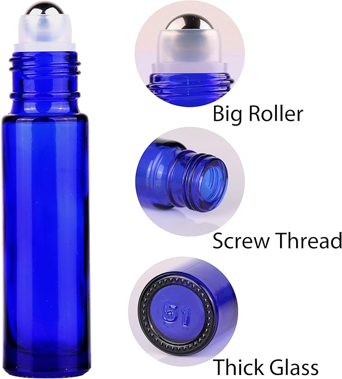 inice 24 Pack,10ml Roller Bottles for Essential Oils Cobalt Blue Glass Stainless Steel Roll On Ball Bottles for Travel