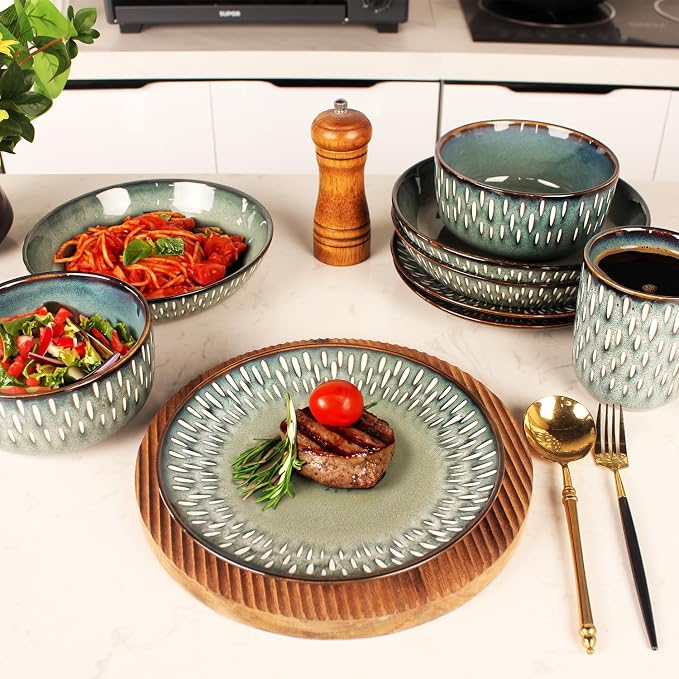 Dinnerware Sets 16 Pieces - Round Reactive Glaze Tableware - Kitchen Dinnerware Porcelain Crockery with Dinner Plate, Bowl and Soup Plate Service for 4, Microwave Dishwasher Safe, Set No.4