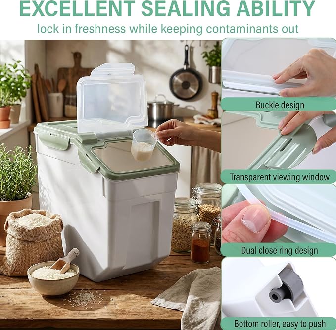 Sunnyray Flour Storage Container Bin,Rice Storage Containers with Wheels Seal Locking Lid, BPA Free with Measuring Cup Scoop for Rice Grain Pet Food Flour(55 Lbs,Green,6 Pcs)