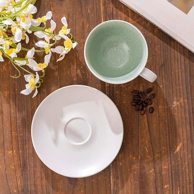 Ceramic Coffee Cup and Saucer Set, 10oz Speckled Sage Green Inner Latte Art Mug, Barista Cappuccino Tea Cup, Microwave & Dishwasher Safe, Modern Home Cafe Gift, Matte Grayish White