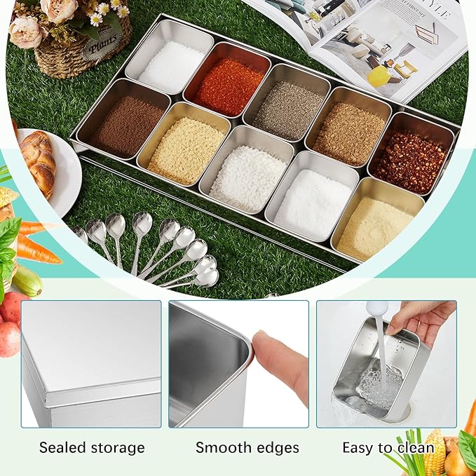 Boao 10 Compartment 304 Yakumi Pans Stainless Steel Seasoning Condiment Container with Lids Spoons, Japanese Yakumi Pans Mini Sauces Salad Dressings Storage for Food, Herbs, Spices