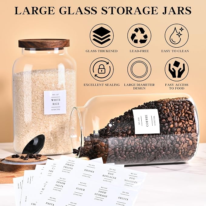 2 PCS Large Glass Jar with Airtight Lid, Glass Food Storage Jars for Tea,Spice,Cereal, Egg,Flour,Coffee and More(70 FL OZ/2000 ml) (94oz*1)