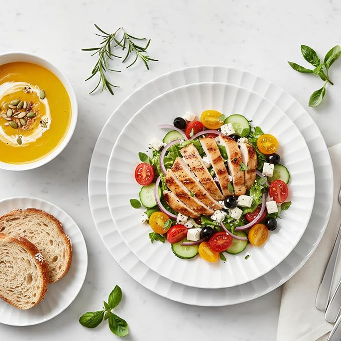 16-Piece Bone China Dinnerware Set for 4, White embossed dinnerware set, Plates and Bowls with Textured Design, Microwave Dishwasher Safe
