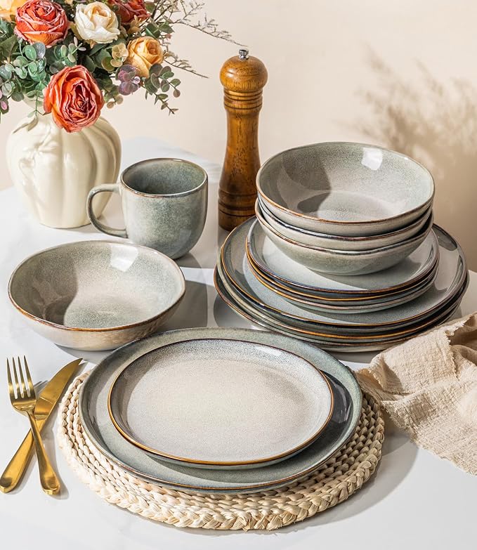 GBHOME Stoneware Dinnerware Sets for 6, 18 Pieces Rustic Earthenware Plates and Bowls Set, Handmade Reactive Glaze Ceramic Plate Sets, Chip Resistant Dishes, Microwave & Dishwasher Safe, Wheat Green
