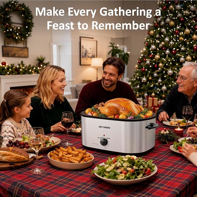 30 Quart Large Turkey Roaster with Defrost & Warm Functions, Electric Roaster Oven with Visible Self-Basting Lid, Adjustable Temperature Control, Removable Pan & Rack, Stainless Steel, Silver