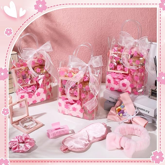 Vesici 73 Pcs Spa Sleepover Party Supplies Bulk Women 8 Sets Slumber Birthday Bridesmaid Gift Crochet Flower Glass Cup Eye Mask Hair Ties Gift Bag Bracelets Scrunchies Headband(Cherry Blossoms,Pink)